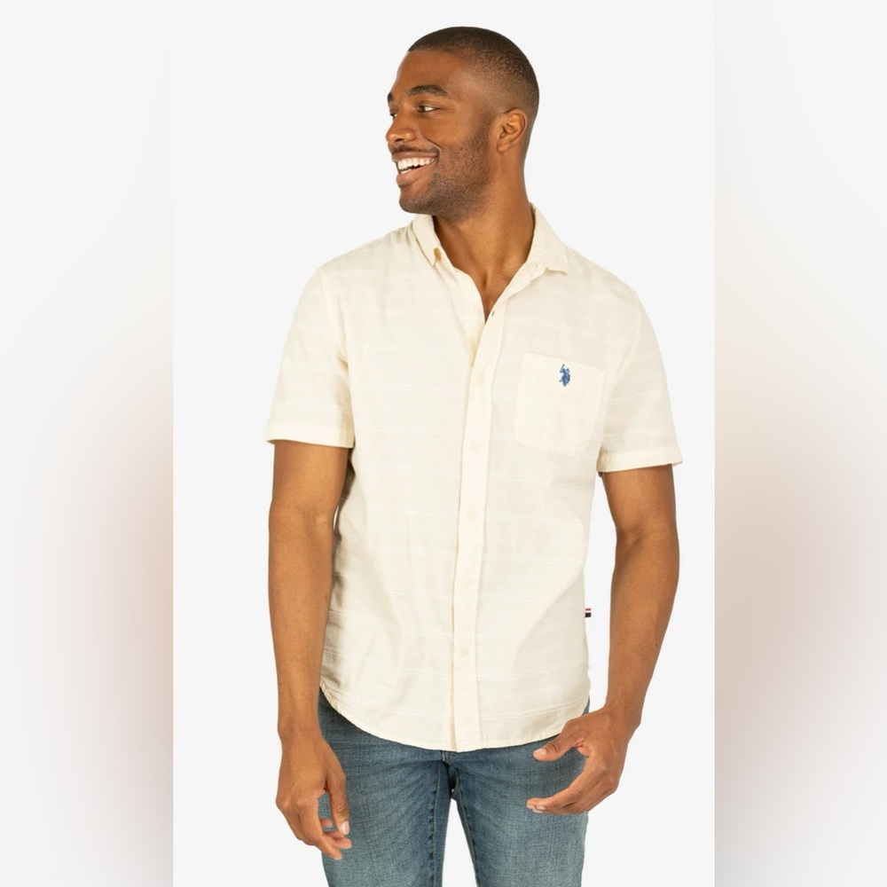 U.S. Polo ASSN.‎ Since 1890 White Label Striped Short Sleeve Woven Shirt XL Ecru